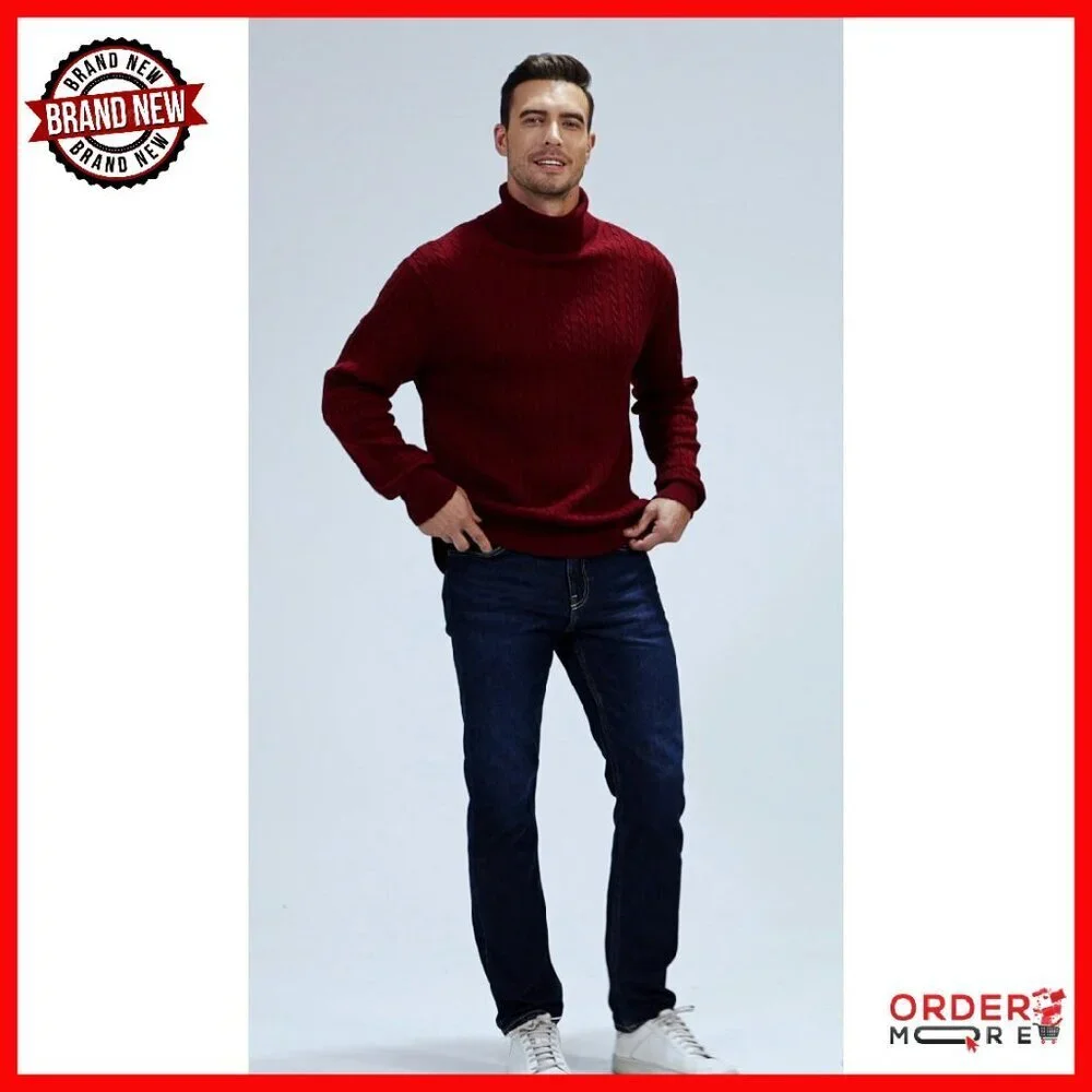 Men's Lightweight Wool Blend Cable-Knit Turtleneck Pullover Sweater
